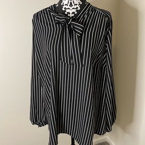 NWT Plus Size EVRI Tie-Neck Blouse; Black & White Stripes, Size 2X